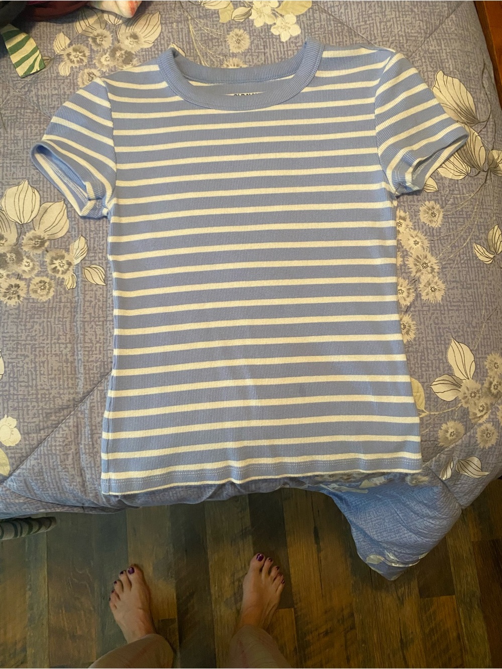 Old Navy Light Blue and White Striped Short Sleeve Tee